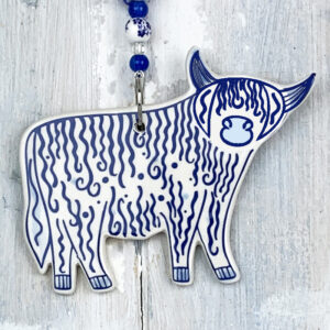 Blue Highland Cow decoration. Handmade in the UK