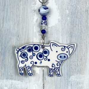 Blue Pig hanging decoration. Handmade in the UK