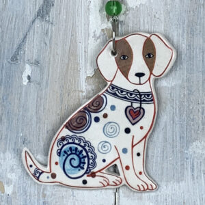 Multi-colour Dog hanging decoration. Handmade in the UK