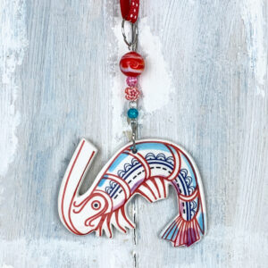 Multi-colour Shrimp hanging decoration. Handmade in the UK