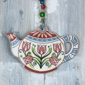 Multi-colour Teapot hanging decoration. Handmade in the UK